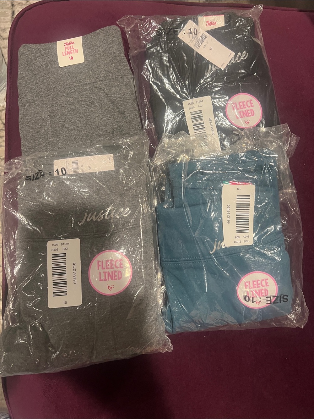 Justice Fleece-Lined full length leggings in (2) Gray, (1)Black & (1) Teal